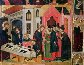 SSの祭壇画。マークとアニア、靴屋のストールの詳細、カタロニア語学校、1346年